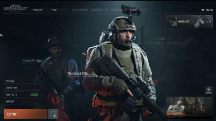 HD desktop wallpaper of the video game Arena Breakout: Infinite, featuring tactical operatives in military gear, with the game interface visible in the background.