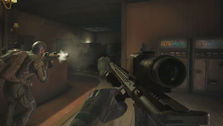 HD desktop wallpaper from the video game Arena Breakout: Infinite showing an intense combat scene with soldiers in a dark room armed with rifles, depicting a high-action moment.
