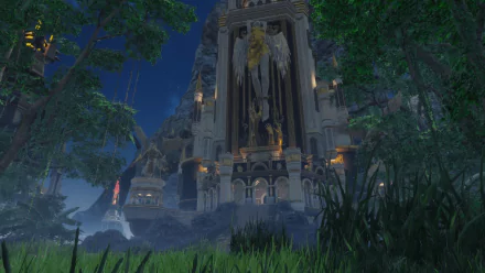 HD desktop wallpaper and background featuring a grand castle from the video game Rise Online, surrounded by lush trees and lit under a starry night sky.