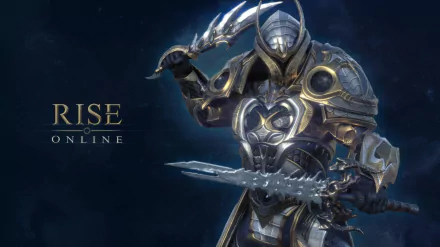 HD desktop wallpaper featuring a character from the video game Rise Online, showcasing an armored warrior wielding a large, ornate blade against a dark, atmospheric background.