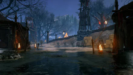 HD desktop wallpaper featuring a nighttime scene from the video game Rise Online, depicting a fortified village with illuminated torches, surrounded by a dark forest and a serene, icy landscape.