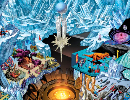 Vibrant 4K Ultra HD PC desktop wallpaper of Superman's Fortress of Solitude: crystalline cavern with statues, alien artifacts, floating platforms and cosmic devices in comic-book style.