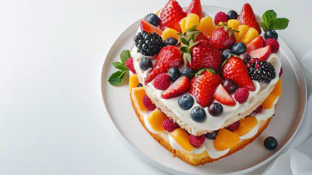 A gourmet heart-shaped cake topped with fresh strawberries, blackberries, blueberries, and peach slices, captured in 4K Ultra HD as a delicious dessert desktop wallpaper.