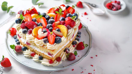 A heart-shaped gourmet cake adorned with fresh strawberries, blueberries, raspberries, and whipped cream, showcased as a vibrant 4K Ultra HD dessert wallpaper background.