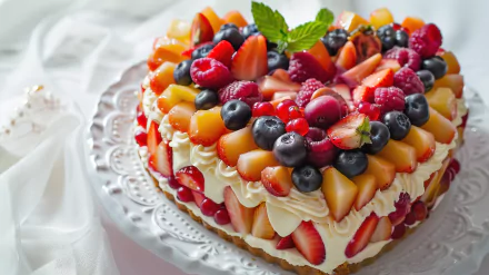 A gourmet heart-shaped cake topped with fresh strawberries, raspberries, blueberries, and melon balls, captured in vivid 4K Ultra HD for a stunning dessert wallpaper.