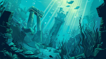 HD desktop wallpaper depicting an underwater scene of a reef and the ruins of Atlantis, with sunlight streaming down and fish swimming around ancient structures.