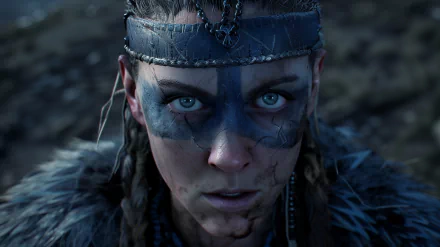 HD desktop wallpaper and background of Senua from the video game Senua's Saga: Hellblade II featuring a close-up of her intense gaze, facial markings, and detailed costume.