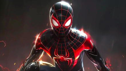 HD desktop wallpaper featuring Spider-Man: Miles Morales in his iconic black and red suit, ready for action.