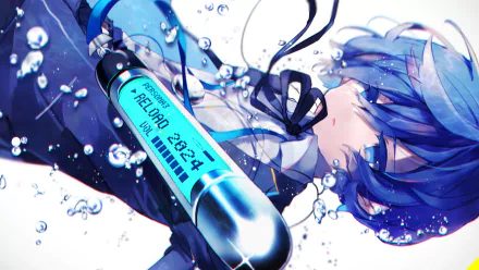HD desktop wallpaper featuring Makoto Yuki from Persona 3 Reload. The character is floating with a tube labeled Reload 2024, surrounded by blue water droplets.