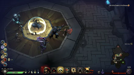 HD desktop wallpaper featuring a scene from the video game Ravenswatch. The image displays characters and gameplay elements set on a platform with a hexagonal pattern and intricate designs.