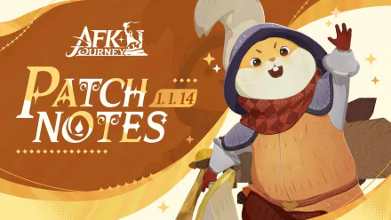 AFK Journey HD desktop wallpaper featuring a cheerful character with a sword, highlighting Patch Notes 1.1.14.