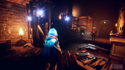 A high-definition desktop wallpaper and background featuring a scene from the video game Dungeon Stalkers, depicting a character exploring a dimly lit, eerie dungeon with torches and mysterious floating orbs.