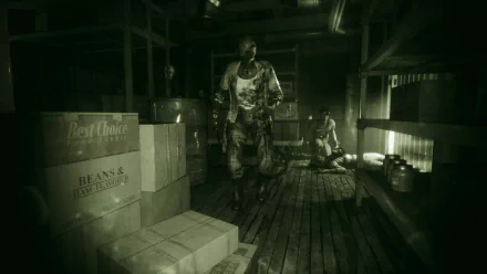 HD wallpaper featuring a tense scene from the video game The Outlast Trials, showing a menacing figure in a dark, eerie environment, surrounded by storage boxes and dim-lit shelves.