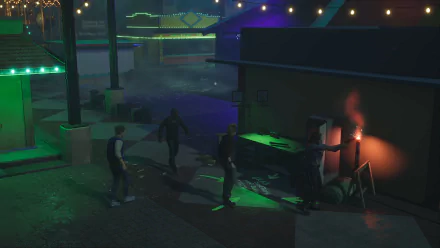 HD desktop wallpaper featuring a scene from the video game Killer Klowns from Outer Space: The Game. The image shows characters in a dimly lit, eerie carnival setting.