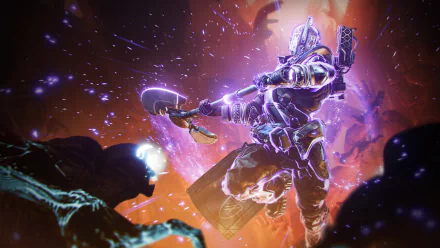 HD desktop wallpaper and background of Destiny 2: The Final Shape, featuring a dynamic battle scene with a glowing, armored character wielding an axe amidst a vibrant, mystical setting.