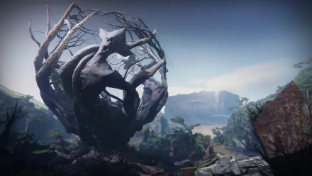 HD desktop wallpaper of Destiny 2: The Final Shape, featuring a mysterious, twisted tree-like structure in a detailed landscape of rocky terrain and distant cliffs.