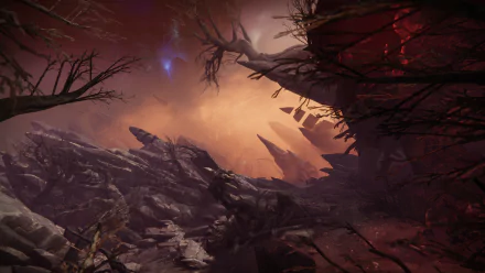 HD desktop wallpaper of Destiny 2: The Final Shape, featuring a dramatic, otherworldly landscape with jagged rocks and an eerie, glowing atmosphere.