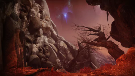 High-definition desktop wallpaper of Destiny 2: The Final Shape, featuring a rocky, alien landscape with intricate rock formations and a hazy sky.