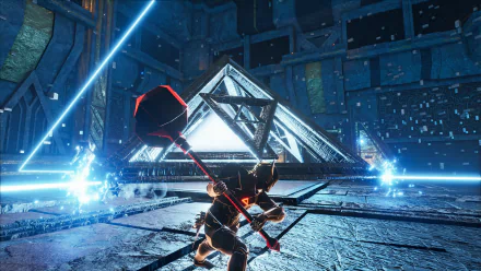 A high-definition desktop wallpaper featuring a scene from the video game Soulmask. A character wielding a large weapon stands before a mysterious, glowing pyramid structure in a futuristic environment.