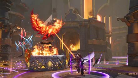 HD desktop wallpaper and background featuring intense gameplay from the video game Smite 2, showcasing a fiery phoenix and a character in battle within a vibrant, mystical arena.
