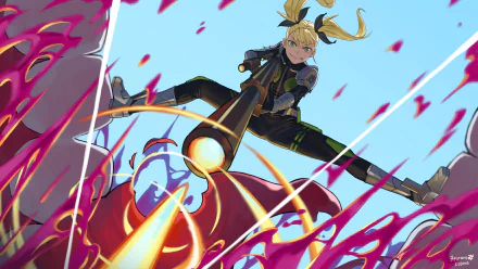 Anime-style 8K Ultra HD PC wallpaper featuring Kikoru Shinomiya from Kaiju No. 8 in action, firing a powerful blast against a fiery red kaiju.