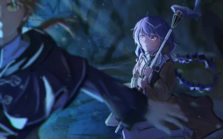 4K Ultra HD anime wallpaper featuring Roxy Migurdia and Rudeus Greyrat from Mushoku Tensei: Jobless Reincarnation with a mystical, nighttime setting.