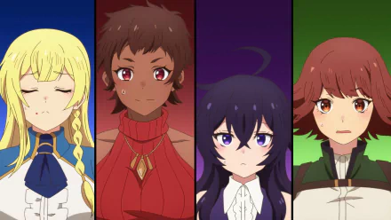 HD desktop wallpaper featuring four characters from the anime Chillin' in Another World with Level 2 Super Cheat Powers. Each character is shown in a separate vertical panel with distinct backgrounds.