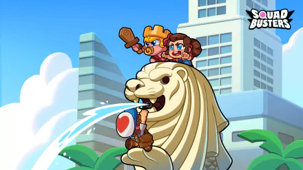 HD desktop wallpaper and background featuring characters from the video game Squad Busters. They are depicted sitting on a lion statue in an urban setting with skyscrapers and blue sky.