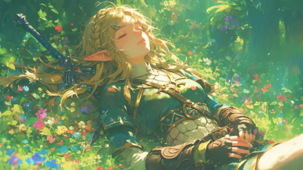 Anime-style elf resting peacefully in a vibrant, green fantasy forest, surrounded by colorful flowers and bathed in soft sunlight.