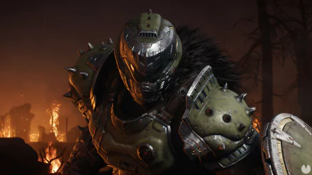HD desktop wallpaper featuring Doomguy from DOOM: The Dark Ages, showcasing detailed armor and a fiery, desolate background.