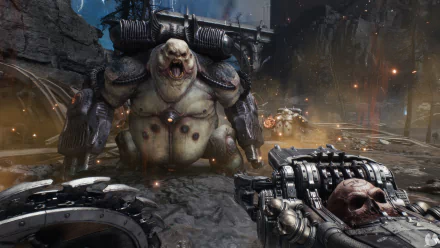 HD wallpaper of the video game DOOM: The Dark Ages featuring an intense battle scene with a menacing creature, a rugged environment, and detailed weaponry.