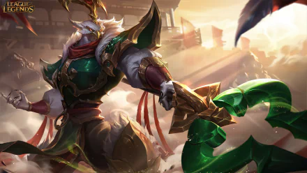HD desktop wallpaper featuring Azir, a champion from the video game League of Legends, in an epic stance with elaborate armor and a glowing green weapon, set against a dynamic and dramatic background.