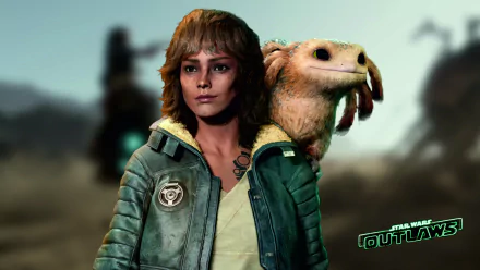 HD desktop wallpaper of Kay Vess from the video game Star Wars Outlaws, featuring her in a detailed outfit with a small creature on her shoulder. The background is a blurred, action-filled scene.