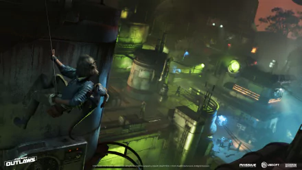 An HD desktop wallpaper of Star Wars Outlaws featuring Kay Vess scaling a building in a vibrant, futuristic cityscape illuminated with green and blue lights.