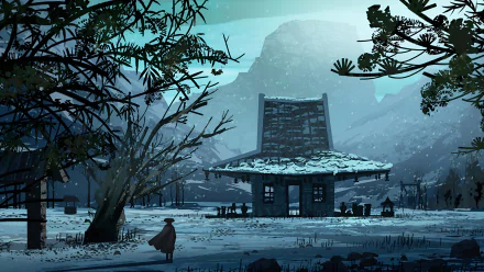 HD desktop wallpaper featuring an Anime scene from Blue Eye Samurai, set in a snowy landscape with a lone figure near a house and mountains in the background.