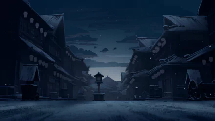 HD desktop wallpaper featuring a serene nighttime street scene from the anime Blue Eye Samurai, with dimly lit traditional buildings creating a tranquil atmosphere.