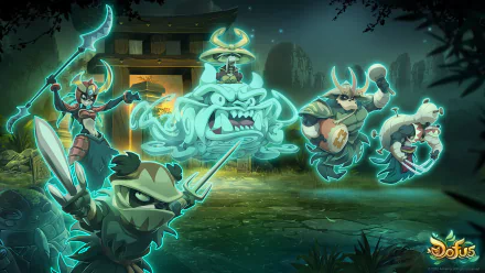 HD desktop wallpaper featuring characters from the video game Dofus in front of a mystical gate, with glowing ethereal forms and a dark, enchanted forest background.