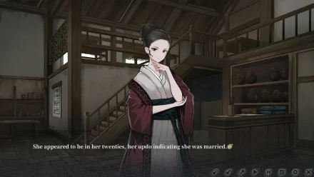 A scene from The Hungry Lamb: Traveling in the Late Ming Dynasty video game, depicting a woman in traditional attire inside a historical building. Text reads: She appeared to be in her twenties, her updo indicating she was married.