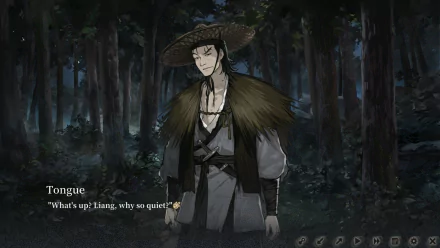 HD desktop wallpaper depicting a scene from the video game The Hungry Lamb: Traveling in the Late Ming Dynasty, featuring a character named Tongue in a forest at night.