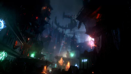HD desktop wallpaper and background image featuring a dark and atmospheric scene from the video game Dragon Age: The Veilguard, with illuminated buildings and mysterious glowing lights.