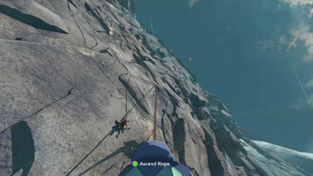 HD desktop wallpaper and background of a video game scene from Cairn, featuring a climber ascending a steep rocky cliff with a vast, clear sky above.