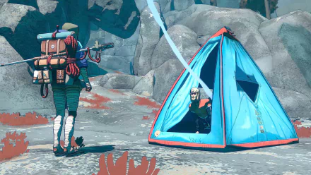 HD desktop wallpaper of a scene from the video game Cairn, featuring a character with a backpack near a blue tent in a rocky environment.