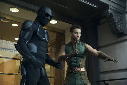 HD wallpaper of Black Noir and The Deep, characters from the TV show The Boys (2019), featuring Chace Crawford as The Deep, standing in action poses outside a building.