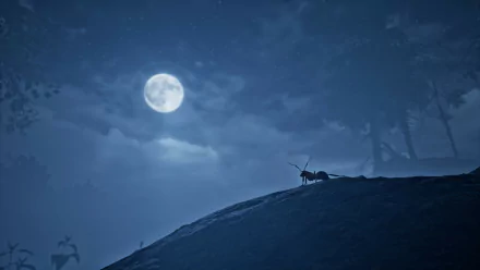 HD desktop wallpaper of Empire of the Ants video game. Shows an ant on a hill with a full moon and a dark forest background. The scene is illuminated by moonlight.