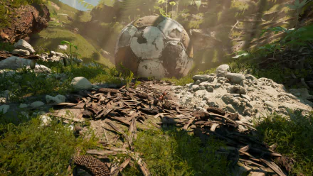 HD desktop wallpaper and background from the video game Empire of the Ants, featuring an ant's perspective with a large soccer ball amid natural surroundings.