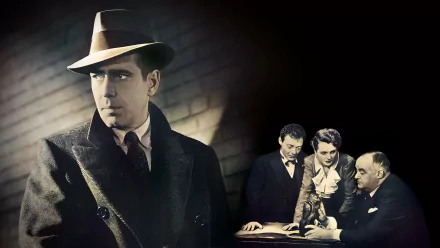 4K Ultra HD desktop wallpaper featuring a classic noir scene from The Maltese Falcon with a detective in a fedora and three characters examining the iconic falcon statue.