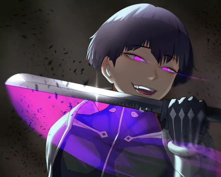 HD anime wallpaper featuring Soushirou Hoshina from Kaiju No. 8, with glowing purple eyes and a large sword, set against a dark, dynamic background.