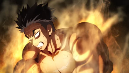 HD PC desktop wallpaper of Gyomei Himejima from Demon Slayer: Kimetsu no Yaiba — shirtless, clenched jaw, muscles tensed as he's engulfed in roaring flames.