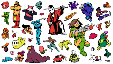 HD desktop wallpaper featuring various colorful characters and elements from the video game UFO 50 against a black background.