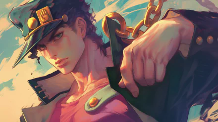 HD desktop wallpaper featuring Jotaro Kujo from Jojo's Bizarre Adventure in anime style, showcasing his iconic hat and intense expression with a vibrant background.